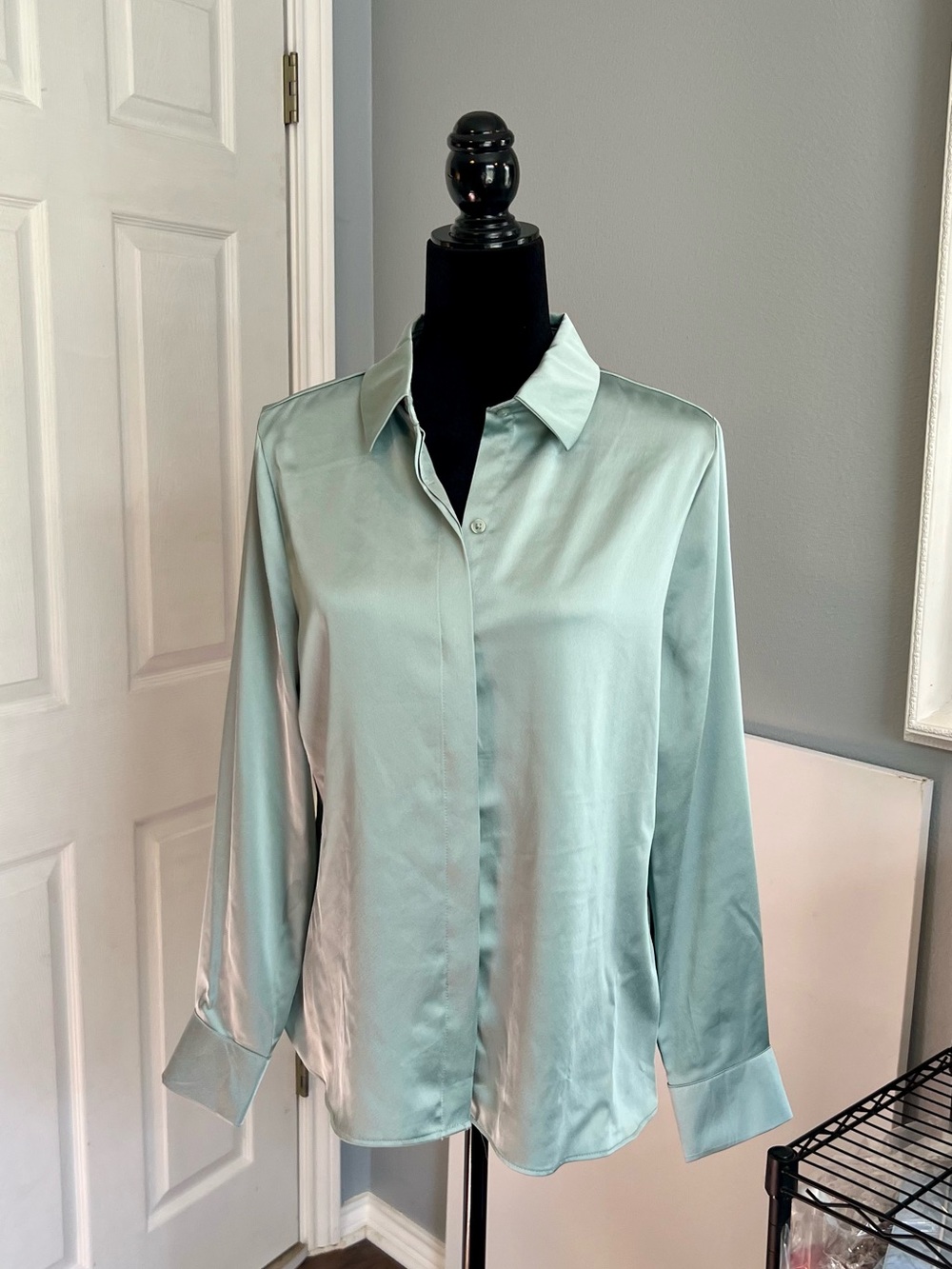 a new day Satin Button-Down Shirt in Light Sage Green
